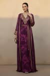 Buy_Nikita Mhaisalkar_Purple Georgette Embroidery, Tassels V-neck Swirl Print Dress And Long Jacket Set _at_Aza_Fashions