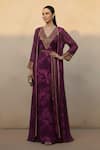 Shop_Nikita Mhaisalkar_Purple Georgette Embroidery, Tassels V-neck Swirl Print Dress And Long Jacket Set _at_Aza_Fashions