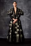 Buy_Samant Chauhan_Black Cotton, Silk Embroidery, Beads V-neck And Structured Sleeves Gown _at_Aza_Fashions