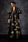 Samant Chauhan_Black Cotton, Silk Embroidery, Beads V-neck And Structured Sleeves Gown _at_Aza_Fashions