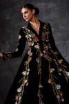 Samant Chauhan_Black Velvet Embroidery, Zari V-neck, Collared Floral Jacket Gown _Online_at_Aza_Fashions