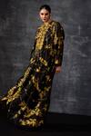 Samant Chauhan_Black Cotton, Silk Embroidery Round Neck Gold Leaf Kaftan _Online_at_Aza_Fashions