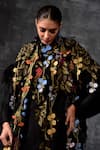 Samant Chauhan_Black Cotton, Silk Applique, Embroidery High Neck Floral Cape Dress _at_Aza_Fashions