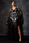 Buy_Samant Chauhan_Black Net, Cotton Embroidery, Fringe V-neck Kaftan Gown _at_Aza_Fashions