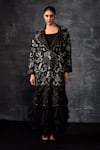 Buy_Samant Chauhan_Black Linen, Silk Embroidery, Sequins Collared, Longline Jacket And Dress Set _at_Aza_Fashions