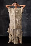 Samant Chauhan_Grey Linen, Silk Embroidery, Ruffles Open Neck Kaftan Jacket And Tiered Skirt Set _Online_at_Aza_Fashions