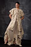 Buy_Samant Chauhan_Grey Linen, Silk Embroidery, Ruffles Open Neck Kaftan Jacket And Tiered Skirt Set _at_Aza_Fashions