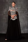 Buy_Samant Chauhan_Black Organza, Silk, Cotton Embroidery Regal Tapestry Gown With Detachable Cape _at_Aza_Fashions