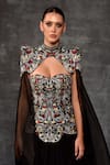 Samant Chauhan_Black Organza, Silk, Cotton Embroidery Regal Tapestry Gown With Detachable Cape _Online_at_Aza_Fashions