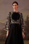Samant Chauhan_Black Cotton, Silk Embroidery Round Neck Floral A-line Gown _Online_at_Aza_Fashions