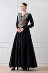 Buy_Samant Chauhan_Black Cotton, Silk Embroidery V-neck Floral Flared Gown _Online_at_Aza_Fashions