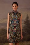Samant Chauhan_Black Cotton, Silk Embroidery High Neck Floral Mini Dress _Online_at_Aza_Fashions