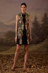 Buy_Samant Chauhan_Black Cotton, Silk Embroidery High Neck Floral Mini Dress _at_Aza_Fashions