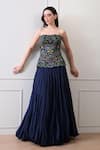Samant Chauhan_Navy Cotton, Silk Embroidery, Metallic Thread Bandeau Neck Floral Corset Dress _Online_at_Aza_Fashions