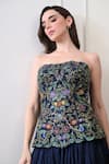 Shop_Samant Chauhan_Navy Cotton, Silk Embroidery, Metallic Thread Bandeau Neck Floral Corset Dress _Online_at_Aza_Fashions