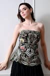 Shop_Samant Chauhan_Black Cotton, Silk Embroidery, Beads Bandeau Neck Corset With Flared Skirt 