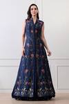 Buy_Samant Chauhan_Blue Cotton, Silk Embroidery V-neck, Mandarin Collar Floral Gown _at_Aza_Fashions