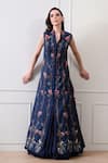 Samant Chauhan_Blue Cotton, Silk Embroidery V-neck, Mandarin Collar Floral Gown _at_Aza_Fashions