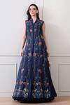 Buy_Samant Chauhan_Blue Cotton, Silk Embroidery V-neck, Mandarin Collar Floral Gown 