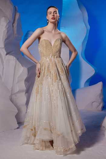 Buy_Samant Chauhan_Ivory Organza, Silk, Cotton Sequins, Embroidery Sweetheart Textured Tube Gown _at_Aza_Fashions