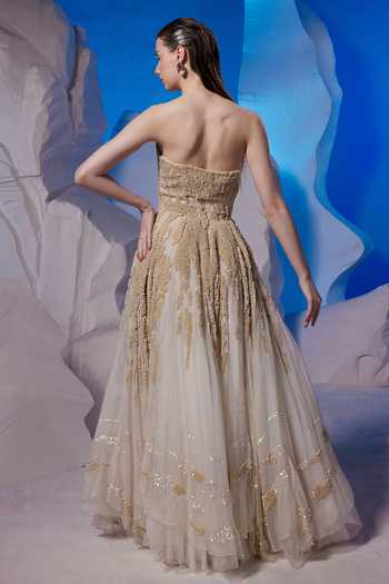 Shop_Samant Chauhan_Ivory Organza, Silk, Cotton Sequins, Embroidery Sweetheart Textured Tube Gown _at_Aza_Fashions