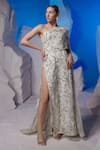 Buy_Samant Chauhan_Ivory Organza, Silk, Cotton Embroidery One Shoulder Floral Gown _at_Aza_Fashions