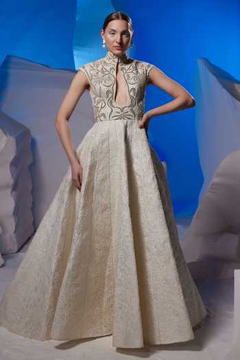 Buy_Samant Chauhan_Off White Cotton, Silk Embroidery, Metallic Thread High Neck, Cutout Gown _at_Aza_Fashions