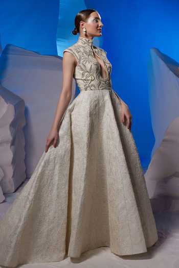 Samant Chauhan_Off White Cotton, Silk Embroidery, Metallic Thread High Neck, Cutout Gown _Online_at_Aza_Fashions