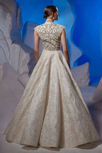 Shop_Samant Chauhan_Off White Cotton, Silk Embroidery, Metallic Thread High Neck, Cutout Gown _at_Aza_Fashions