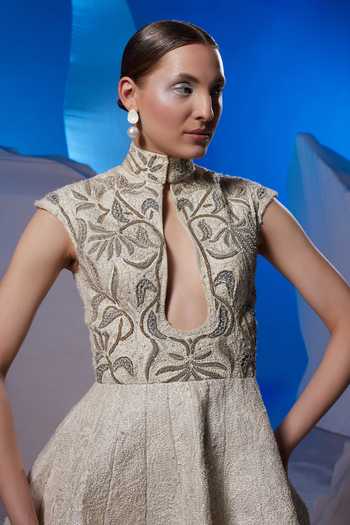 Buy_Samant Chauhan_Off White Cotton, Silk Embroidery, Metallic Thread High Neck, Cutout Gown _Online_at_Aza_Fashions