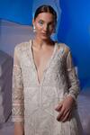 Buy_Samant Chauhan_Ivory Organza, Silk Embroidery, Sequins, Beads V-neck Kurta _Online_at_Aza_Fashions