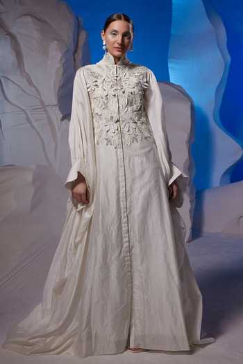 Buy_Samant Chauhan_Ivory Cotton, Silk Embroidery, Fabric Flowers High Neck, Mandarin Floral Kaftan _at_Aza_Fashions