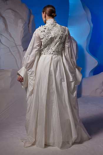 Shop_Samant Chauhan_Ivory Cotton, Silk Embroidery, Fabric Flowers High Neck, Mandarin Floral Kaftan _at_Aza_Fashions