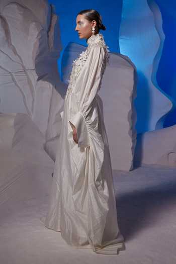 Samant Chauhan_Ivory Cotton, Silk Embroidery, Fabric Flowers High Neck, Mandarin Floral Kaftan _Online_at_Aza_Fashions
