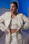 Samant Chauhan Ivory Cotton, Silk Applique, Fabric Textured Jacket Top And Short Skirt Set Online at Aza Fashions Samant Chauhan_Ivory Cotton, Silk Applique, Fabric Textured Jacket Top And Short Skirt Set _Online_at_Aza_Fashions