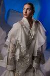 Buy_Samant Chauhan_Ivory Cotton, Organza Embroidery V-neck, Collared Ruffled Silk Gown _Online_at_Aza_Fashions