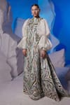 Samant Chauhan_Ivory Cotton, Silk, Organza Embroidery High Neck Abstract Puff Sleeve Gown _Online_at_Aza_Fashions