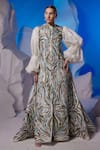 Buy_Samant Chauhan_Ivory Cotton, Silk, Organza Embroidery High Neck Abstract Puff Sleeve Gown _at_Aza_Fashions