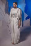 Samant Chauhan_Ivory Cotton, Silk Embroidery High Neck Cowl Maxi Dress _Online_at_Aza_Fashions