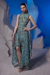 Samant Chauhan_Green Organza, Silk High Neck Abstract Pattern Asymmetric Dress _Online_at_Aza_Fashions