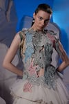 Samant Chauhan_Ivory Cotton, Silk, Net Embroidery High Neck Abstract Tiered High-low Dress _Online_at_Aza_Fashions