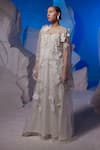 Samant Chauhan_Ivory Cotton, Silk, Organza Applique, Beads, Embroidery V-neck Floral Kaftan _Online_at_Aza_Fashions