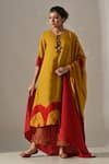 Buy_Medha_Yellow Silk, Tissue Embroidery, Beads, Mirrors Round Tie Dyed Tunic Pant Set _at_Aza_Fashions