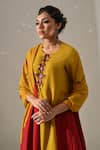 Buy_Medha_Yellow Silk, Tissue Embroidery, Beads, Mirrors Round Tie Dyed Tunic Pant Set _Online_at_Aza_Fashions