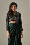 Medha_Emerald Green Satin, Sequins, Hand Embroidered Jacket And Wrap Skirt Set _Online_at_Aza_Fashions