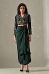 Buy_Medha_Emerald Green Satin, Sequins, Hand Embroidered Jacket And Wrap Skirt Set _at_Aza_Fashions