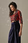 Shop_Medha_Red , Satin Sequins, Beads, Hand Embroidered Jacket And Wrap Skirt Set _at_Aza_Fashions