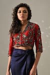 Medha_Red , Satin Sequins, Beads, Hand Embroidered Jacket And Wrap Skirt Set _Online_at_Aza_Fashions