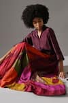 Shop_Medha_Maroon Silk Patchwork Collared Tie-dyed Shirt And Skirt Set _Online_at_Aza_Fashions