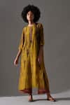 Buy_Medha_Yellow Silk, Tissue Embroidery, Beads, Tassels Round Tie Dyed Tunic And Pant Set _at_Aza_Fashions